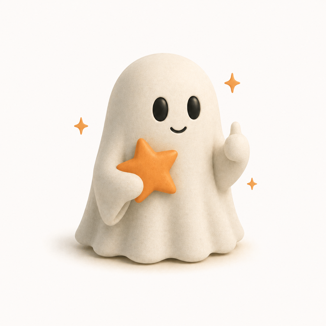 Ghost character holding an orange star with a thumbs up