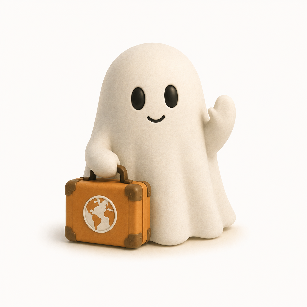 Ghost character waving while carrying an orange suitcase
